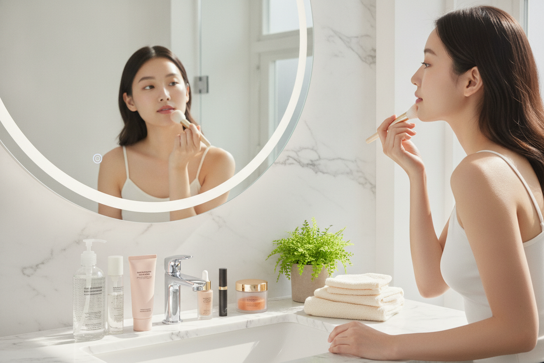 A woman applies makeup in a bright bathroom, showcasing a daily skincare and beauty routine