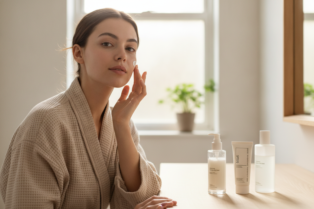 Young woman applying skincare products in a bright bathroom for a healthy morning beauty routine
