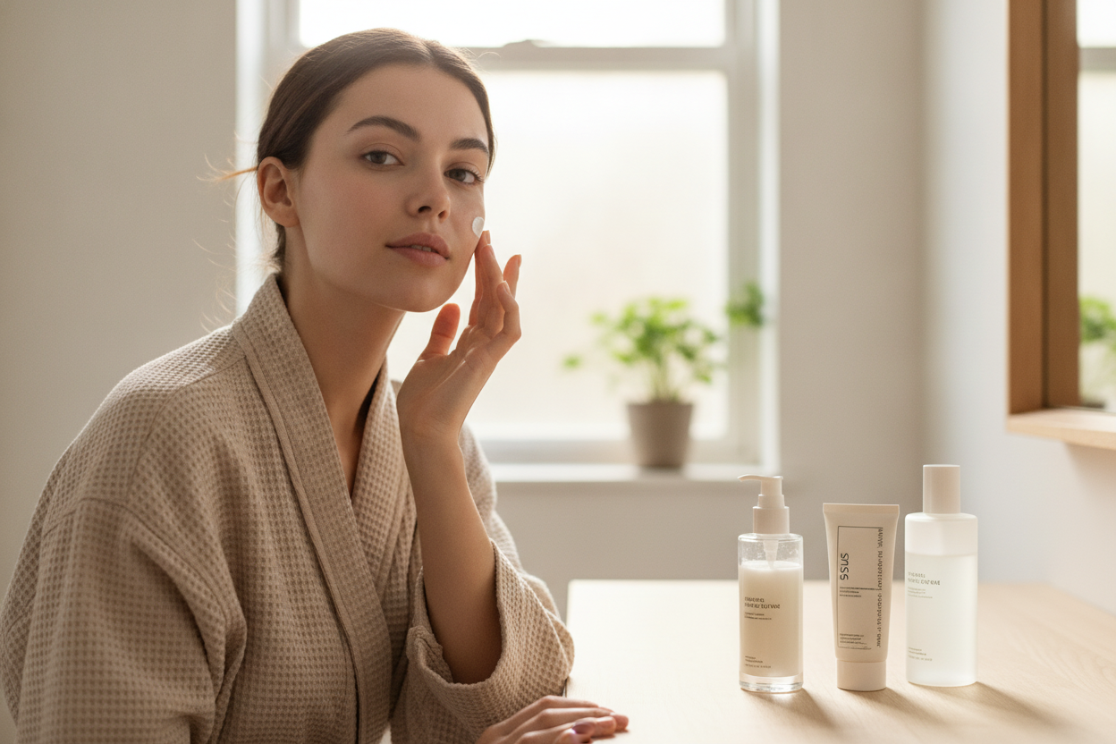 Young woman applying skincare products in a bright bathroom for a healthy morning beauty routine