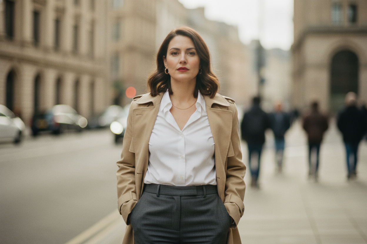 Confident woman in business attire walking city street, embodying her icon style and empowerment