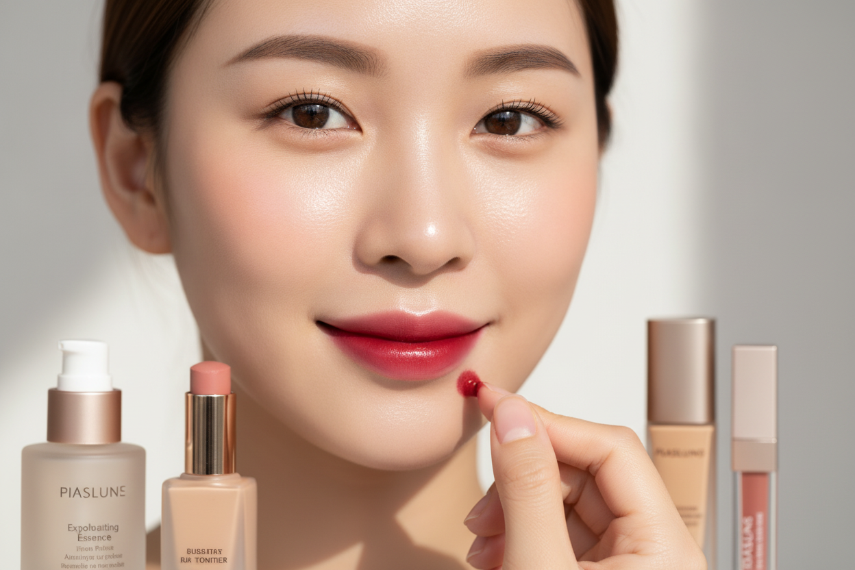 Radiant makeup look with flawless skin and natural lipstick application using popular beauty products