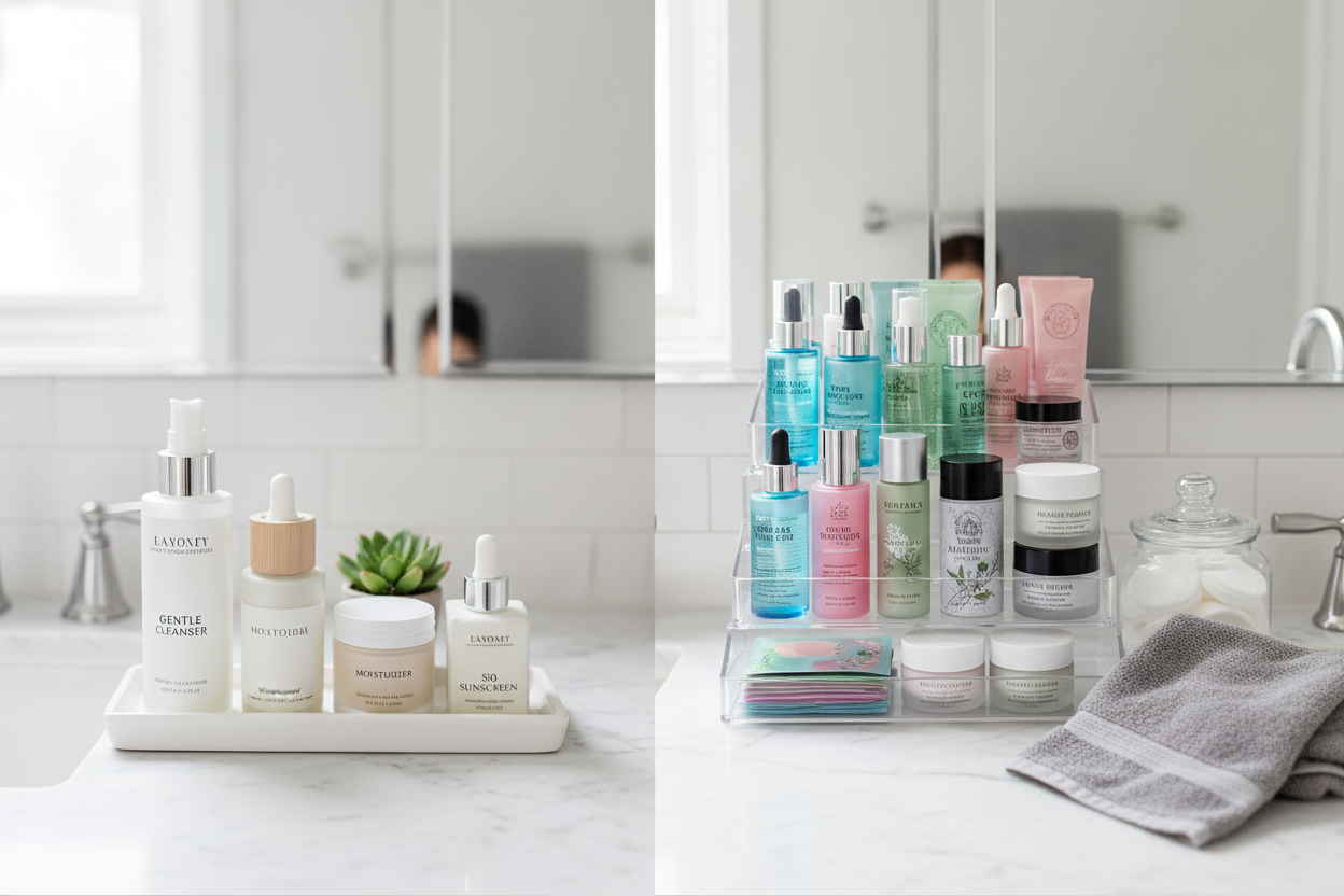 Minimalist versus extensive skincare routines displayed on a bathroom counter for skincare routine inspiration