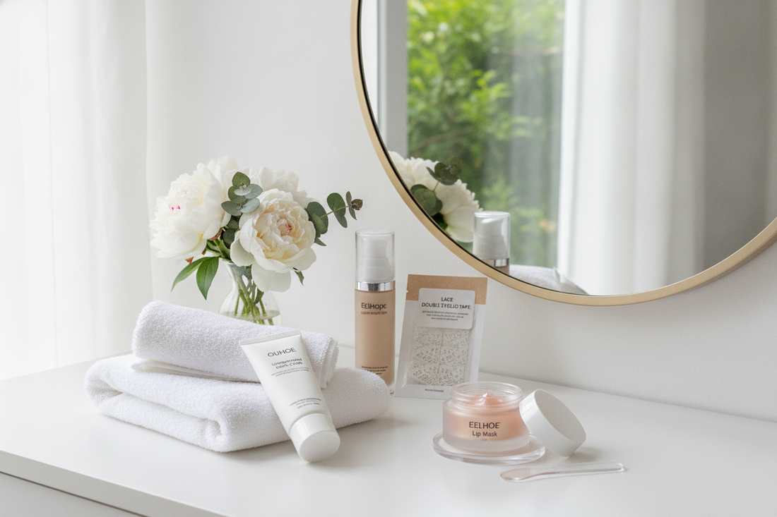 Skincare essentials arranged on a vanity with fresh flowers and soft towels for a relaxing beauty routine