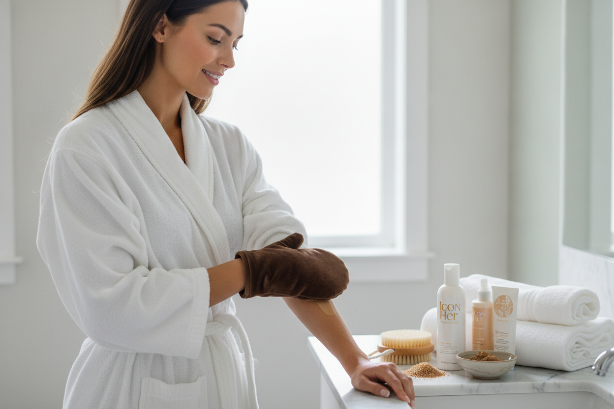 Woman applying lotion with a mitt in bathroom, showcasing natural self tanning tips for glowing skin