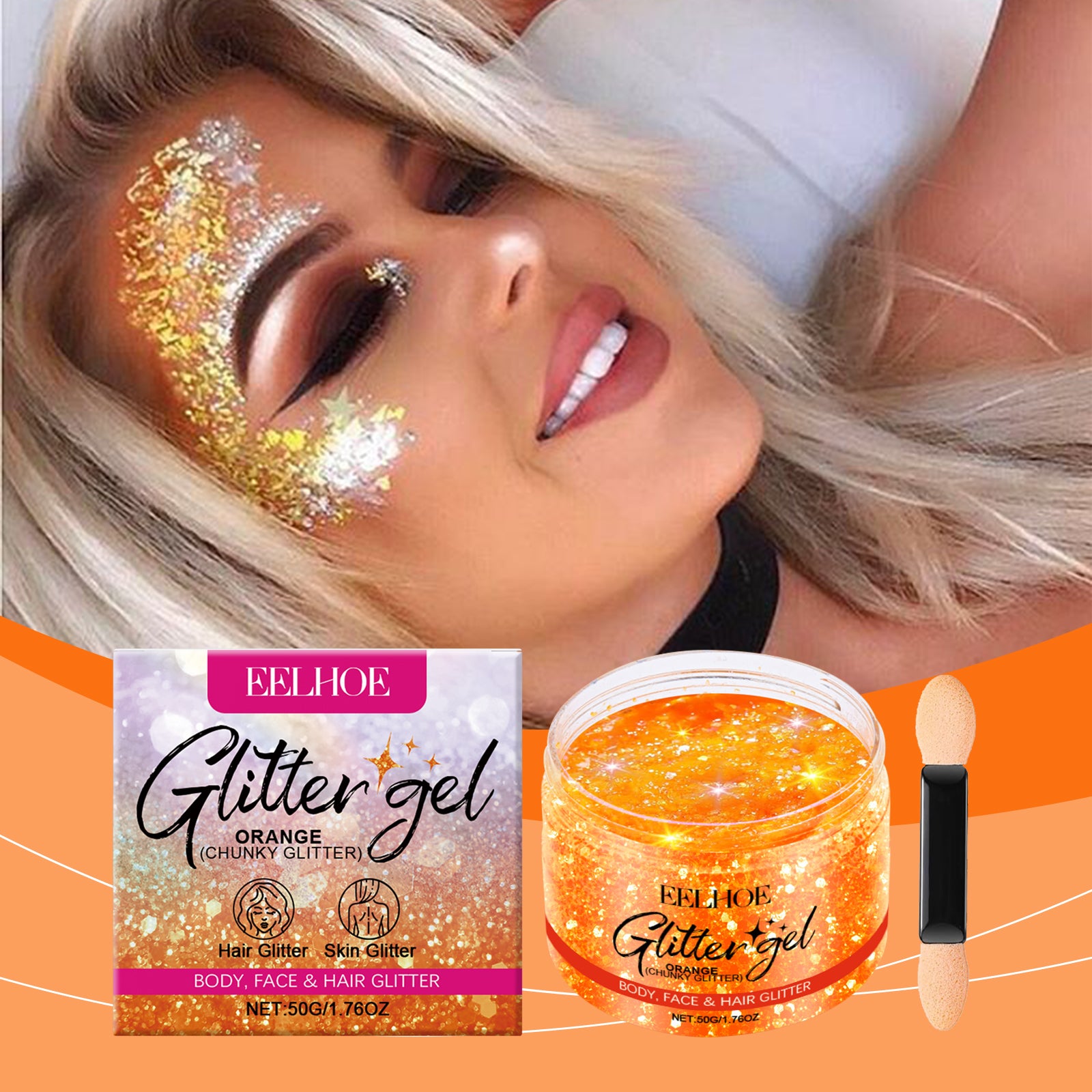 Orange Glitter Gel – Face & Body Brightening for Party & Festive Events - Icon Her