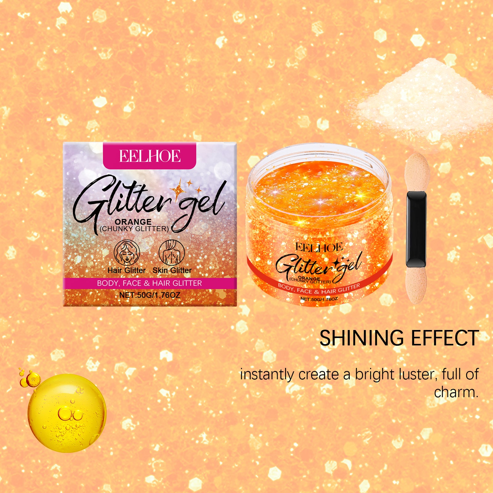 Orange Glitter Gel – Face & Body Brightening for Party & Festive Events - Icon Her