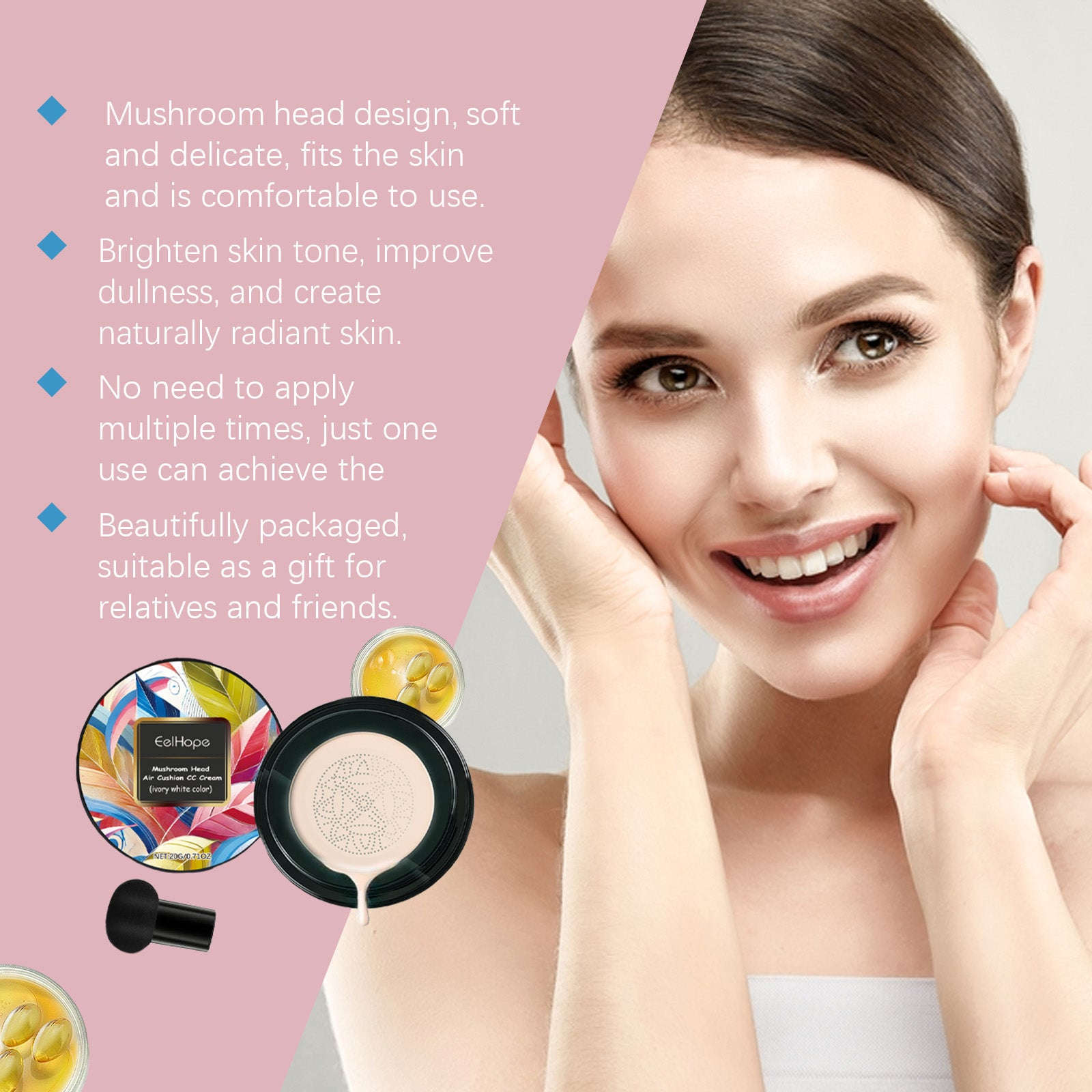 Mushroom Air Cushion Full Coverage Foundation – Moisturizing, Natural Concealer & No Clogged Pores - Icon Her